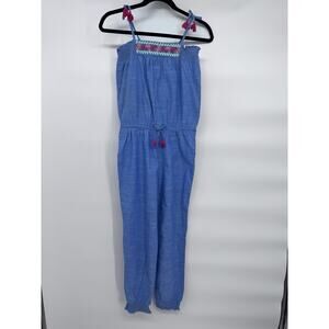 Hatley Girls Blue Floral Jumpsuit Size 12 Embroidered Square Neck Cotton Spring